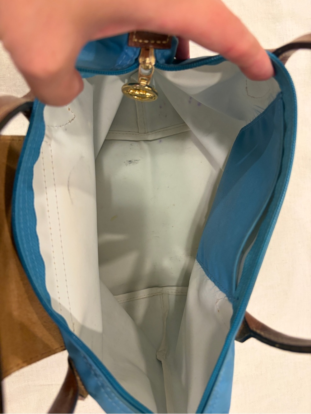 Longchamp Le Pliage S Blue Nylon Satchel with Brown Leather Trim - Picture 6 of 13